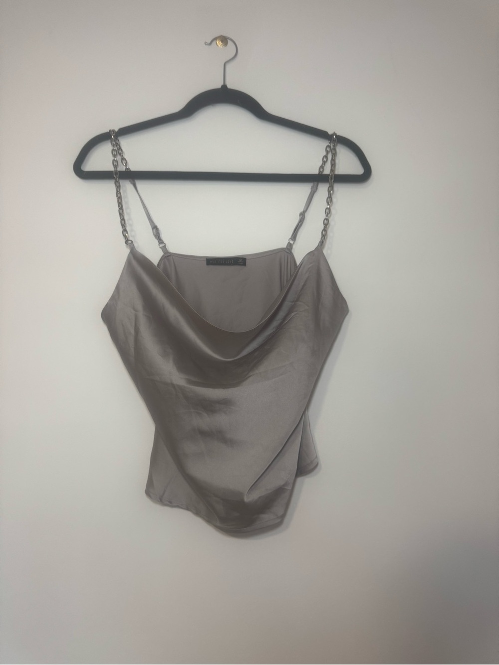 Satin Cowl Neck Chain Strap Tank Top - Silver